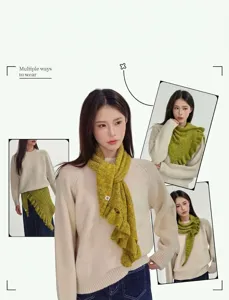 Green knitted ruffle scarf for women, stylish lazy style versatile shawl with multi-wear options.