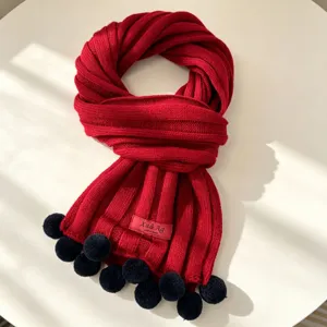 Red knitted winter scarf for women with black pom poms cozy warm thick ribbed wool muffler