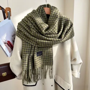 Cozy green brown plaid cashmere feel winter scarf thick warm shawl for women elegant wear.