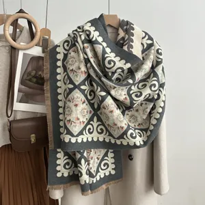 Cozy winter thick faux cashmere scarf with vintage geometric pattern and elegant tassel.