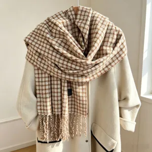 Cozy brown houndstooth winter scarf for women, thick cashmere-feel tassel shawl wrap