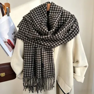 Thick winter houndstooth plaid scarf, cozy imitation cashmere fringe shawl for women's daily wear.