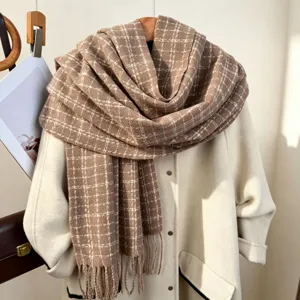 Thickened warm winter plaid scarf with fringe, stylish couple tassel shawl for cold weather.