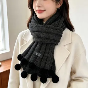 Women's thick knitted winter scarf with black pom-poms cozy warm dark grey neck wrap