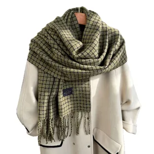 Green and brown plaid cashmere-feel winter scarf for women, warm thick versatile shawl wrap.