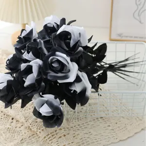 Artificial black and white rose bouquet for Halloween home decor photography display props.