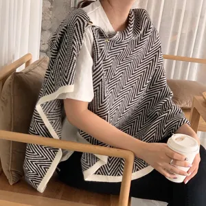 Black and white striped knitted shawl winter warm fashion cape wrap for women daily wear