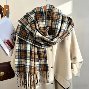 Classic plaid winter scarf with fringe, thick warm checkered shawl for women, cozy neck warmer