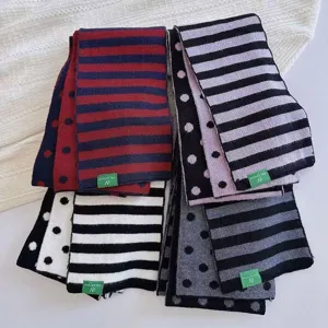 Korean style narrow knit scarf with polka dots and stripes, unisex winter warm neck warmer.