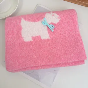 Pink knitted scarf for women winter cute warm woolen neck warmer with blue bow decoration