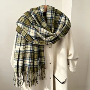 Green plaid scarf for women, warm winter fringe shawl, thick cozy neck wrap for cold days