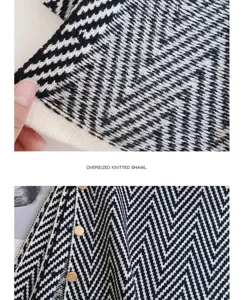 Black and white chevron knit shawl with chic metal buttons, cozy oversized wrap for women.