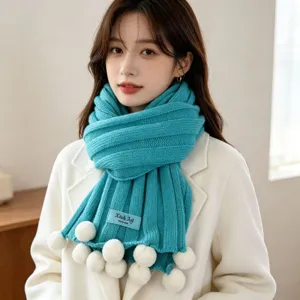 Women's thick knit scarf with cute white pom-poms, cozy winter warm thermal neck wrap.