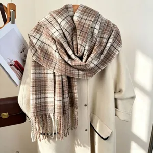 Winter warm thick brown plaid tassel scarf stylish cozy women fashion soft daily shawl