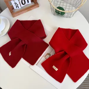 red knitted criss-cross scarf for women autumn winter warm fashion short neckerchief