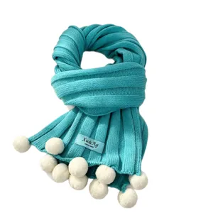 Stylish women winter knitted scarf with white pom poms cozy warm thick windproof neck wrap
