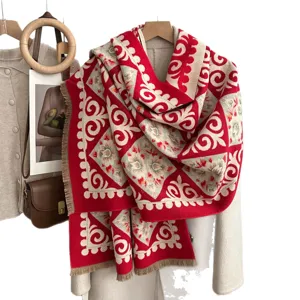 Thickened imitation cashmere scarf and shawl for women, autumn winter red ruyi pattern blanket