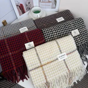 Thickened warm classic houndstooth plaid scarf winter women men fashion tassel shawl.