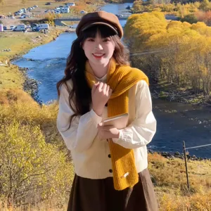 Herbst Winter Warm Gestrickter Schal Für Frauen Einfarbig Retro Vielseitig Nackenschutz Lässiger Weicher Wollschal