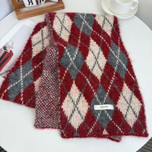 Japanese style argyle mohair scarf fluffy warm winter knitted scarf for women cozy shawl