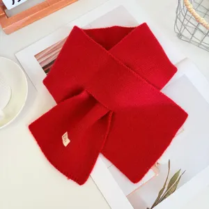 Women red knitted cross scarf winter warm solid color short fashion chic soft neck warmer