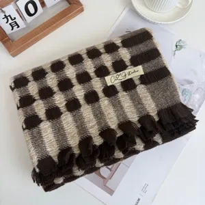 Brown beige plaid scarf for women, cozy winter warm imitation cashmere tassel shawl details