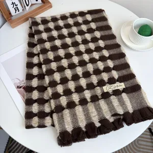 Brown plaid cashmere-feel scarf winter warm shawl with fringe detail for women daily wear.