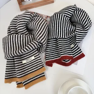 Retro color block striped knitted scarf for women and men, warm winter cozy fashion neck wrap.