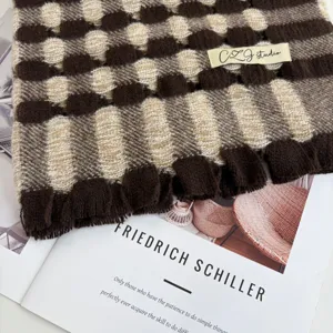 Winter brown plaid cashmere-feel hollow knitted scarf, cozy fringe shawl for women.