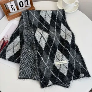 Japanese style argyle mohair scarf, cozy fluffy winter warm wool blend shawl for women.