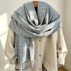 Blue brown plaid winter scarf with fringe, cozy warm thick tassel shawl for women.