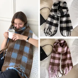 Women's Fall Winter Thickened Mohair Plaid Scarf Long Tassel Warm Winter Neck Warmer Fashion Casual Neck Scarf
