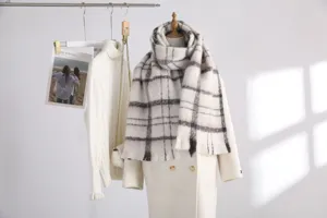 Cozy black and white plaid mohair scarf for women and men, thick warm long winter tassel scarf.