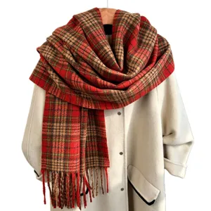 Cozy winter plaid scarf for women, thick warm retro tartan shawl with stylish fringe hem design.