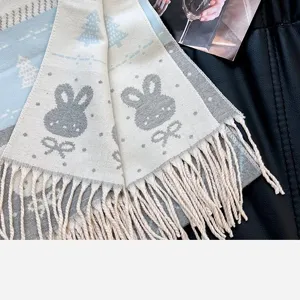 Cozy knitted winter scarf with cute rabbit jacquard pattern and classic fringe tassels.