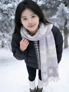 Winter warm knit scarf with cute rabbit jacquard and tassel design for women. Cozy cold weather.
