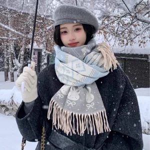 Women Winter Warm Thicken Faux Cashmere Scarf Cute Rabbit Jacquard Tassel Long Shawl Sweet Style Daily Neck Warmer
