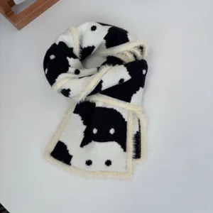 Sciarpa in maglia con motivo a gatto bianco e nero, bordo soffice, scaldacollo corto invernale.