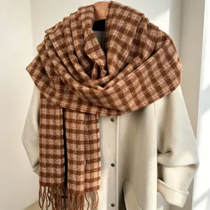 Women Winter Retro Fine Plaid Scarf Warm Tassel Shawl Thickened Imitation Cashmere Soft Long Neck Warmer Fashion Stole