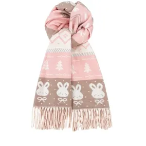Cozy winter knitted scarf with cute rabbit and Fair Isle patterns, warm tassel winter accessory