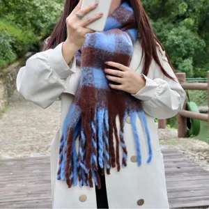 Fall Winter Fashion Mohair Plaid Thick Fringe Scarf Women Couple Warm Neck Wear
