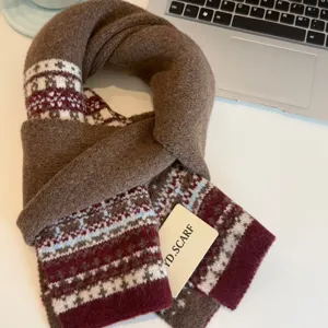 Nordic knit winter scarf, brown geometric patterned warm neck muffler for cold weather.