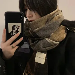 Classic Japanese style plaid imitation cashmere scarf for women, warm winter shawl and wrap.