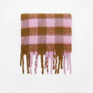 Cozy warm mohair plaid scarf featuring stylish brown and pink check pattern with thick fringe.
