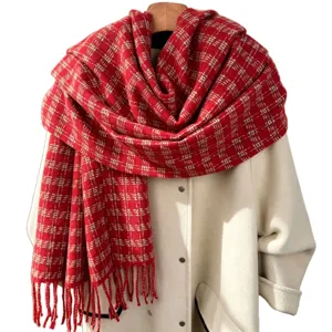 Red plaid winter scarf with fringe, thick cozy retro tartan shawl for women and students.