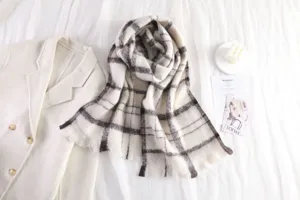 Cozy black and white plaid mohair scarf, soft winter warm long tassel design for women.