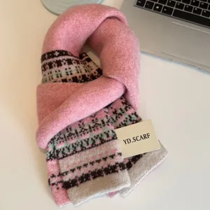 Pink Nordic knit winter scarf detail view, cozy thermal neck warmer for women and couples.