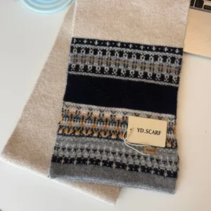 Nordic style knitted winter warm scarf for women, cozy retro patterned neck warmer.