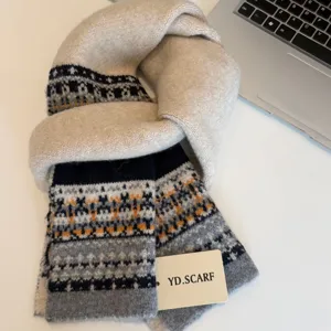 Nordic style knitted winter scarf detail, soft warm wool neck warmer accessory.