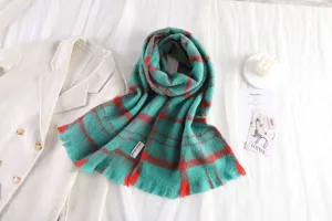 Cozy green red plaid mohair winter scarf, thick warm long tassel shawl for women and men.